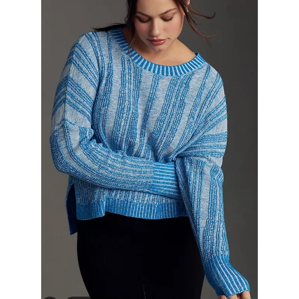 Pilcro Anthro Textured High Low Pullover Sweater Women XL Blue White Oversized